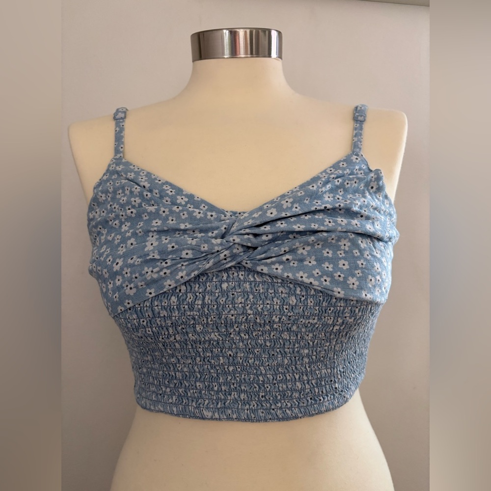 American Eagle Outfitters Blue Floral Twist Front Tank Top